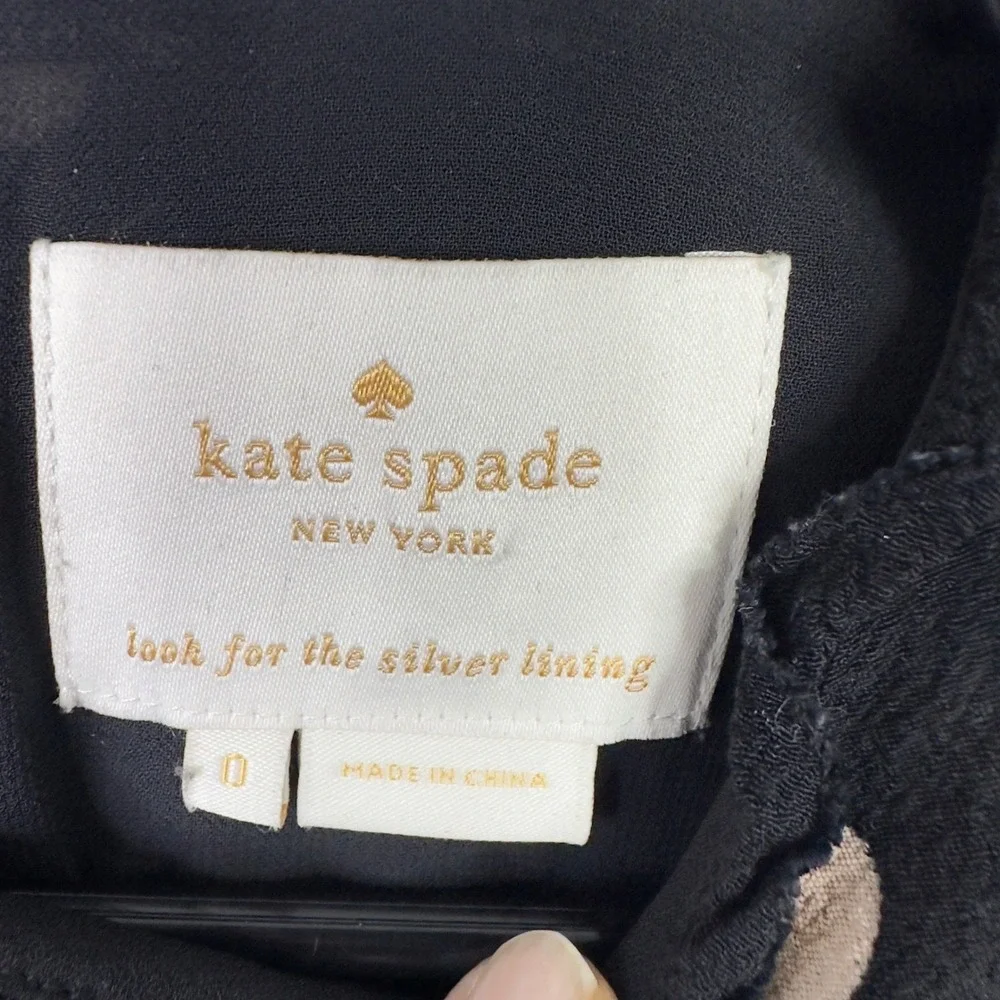 Kate Spade Dress Womens 0‎ Black Tan Polka Dot Ruffle Trim Feminine Quiet Luxury